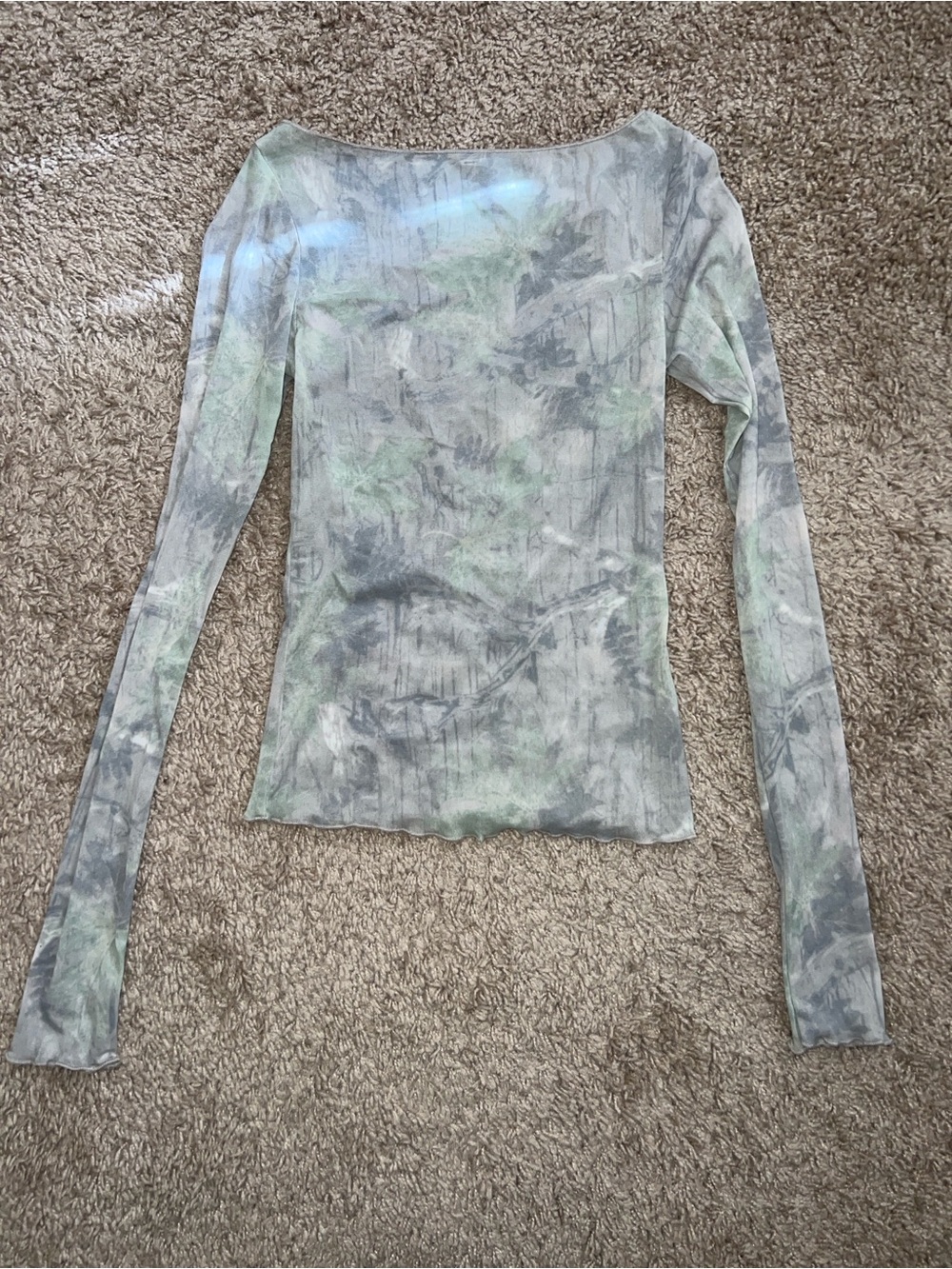 Sheer Long-Sleeve Boatneck Top in Light Gray-Green Camouflage